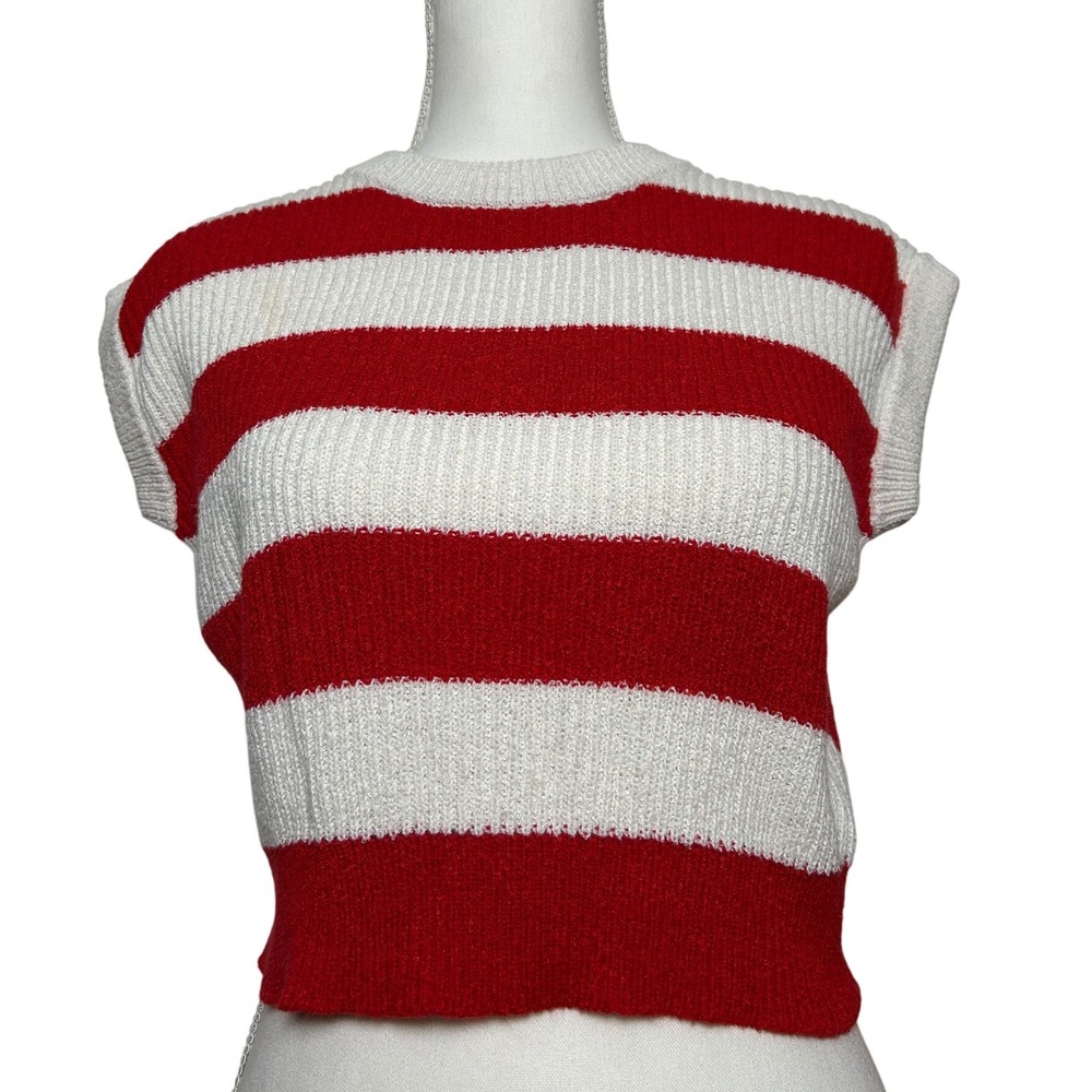 Red White Striped Knit Sweater Vest Cropped Holiday Small Retro Preppy Costal